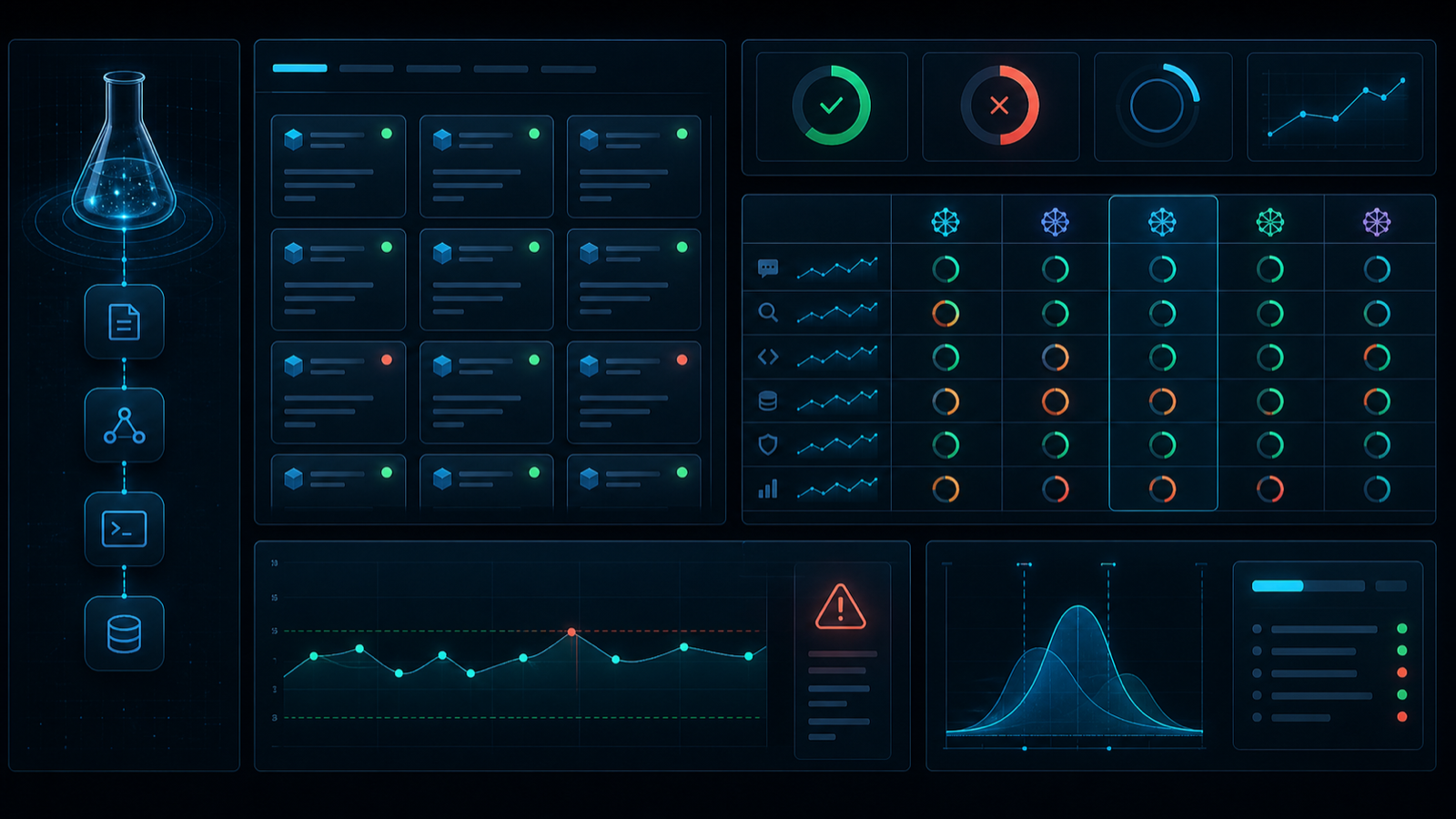 Generated AI evaluation visual showing test cases, score rings, and model comparison lanes.